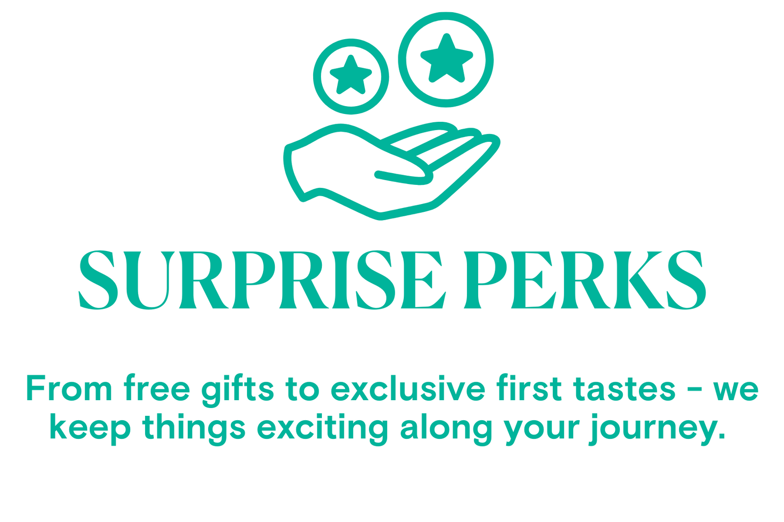 Logo and text for 'Surprise Perks' with a hand holding two coins on a white background.