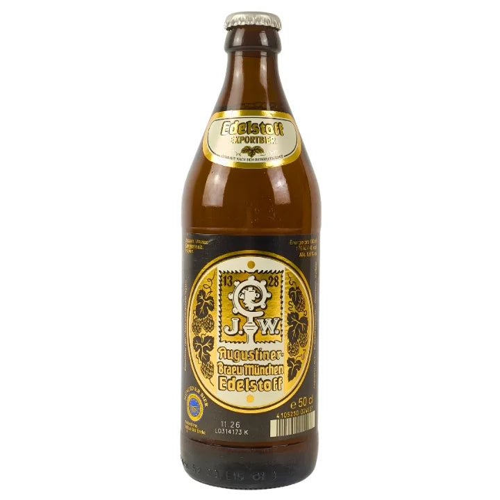 Brown beer bottle with gold and white label on a white background