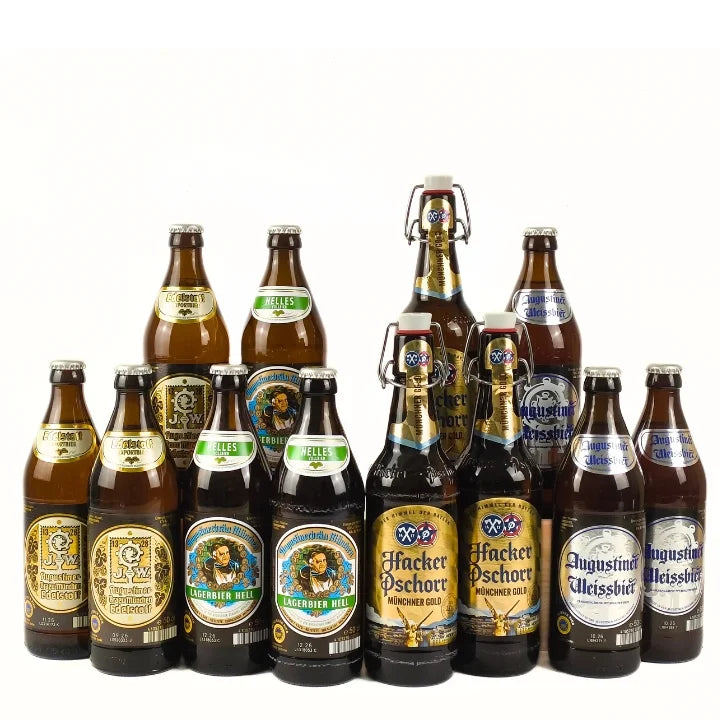 Collection of various beer bottles with labels on a white background