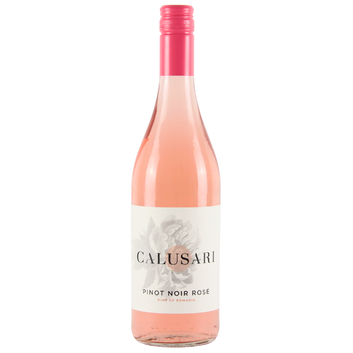 Bottle of Calusari Pinot Noir Rosé wine on a white background