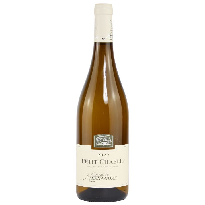 Bottle of Domaine Alexandre Petit Chablis wine with a white label, text, and a green emblem.