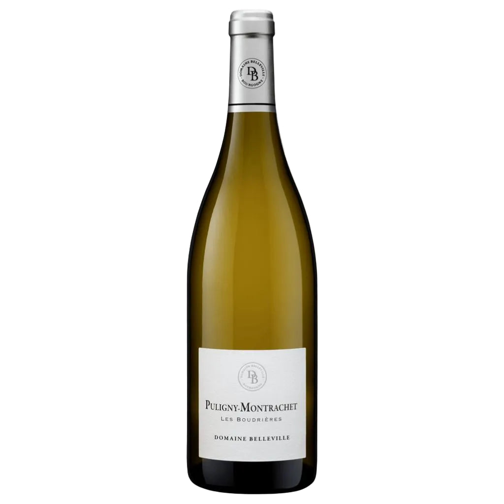 Bottle of Puligny-Montrachet wine with a pre-order label for Burgundy 2024 on a white background