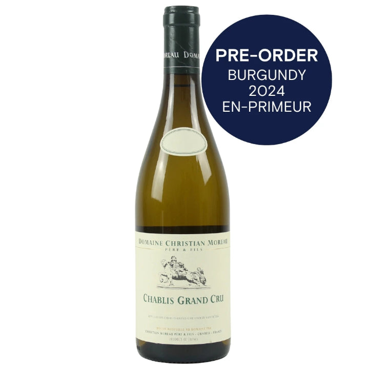 Wine bottle with a label on a white background, featuring a pre-order badge for Burgundy 2024.