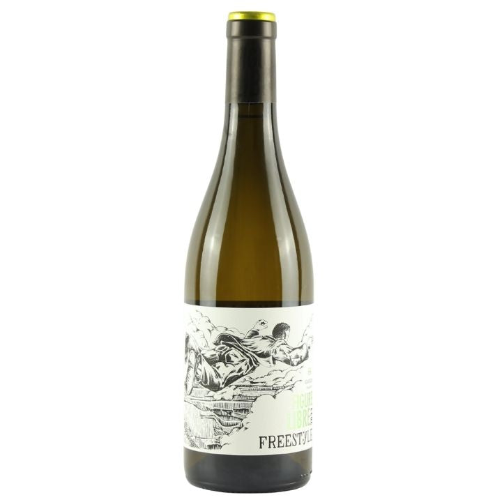 A bottle of Domaine Gayda Figure Libre Freestanding wine with an off-white label featuring a black illustration of figures and horses, set against a plain white background.