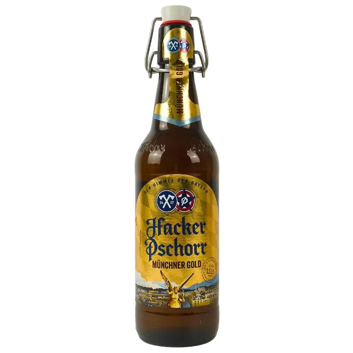 Bottle of Hacker Pschorr Münchner Gold beer with a yellow label on a white background