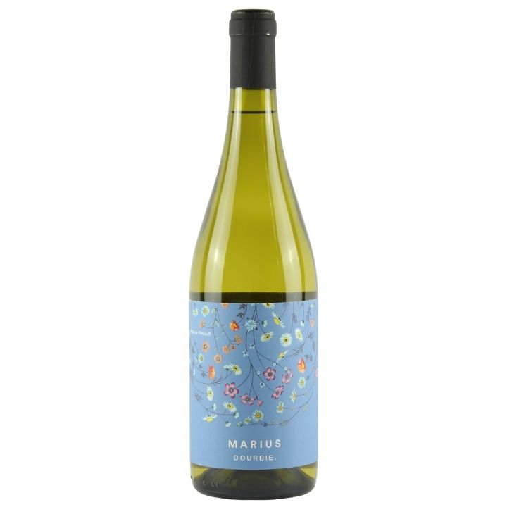 A bottle of La Dourbie, Marius Blanc 2024 white wine with a light blue floral label and a black screw cap, shown on a plain white background.