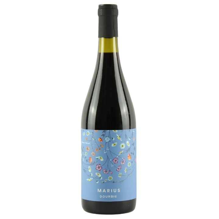A bottle of La Dourbie, Marius Rouge 2023 wine with a light blue floral label and a black capsule, shown on a plain white background.