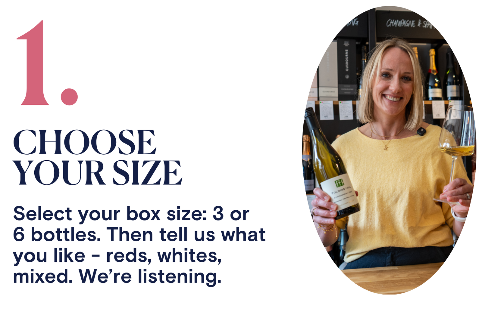 Kate holding a bottle of wine with text about choosing a box size and wine preferences.
