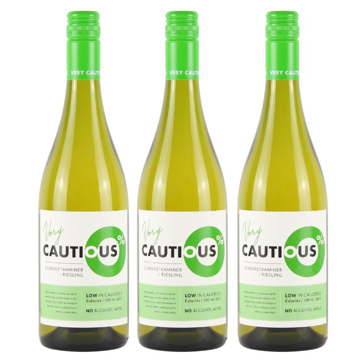 Three bottles of De Bortoli The Very Cautious One Gewurz Riesling wine with 0.0% alcohol by volume, displayed in a pack.