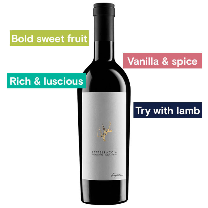 Reserve Wines Cantine Sampietrana, Settebraccia 2018. Notes. Bold sweet fruit, vanilla &amp; spice rich &amp; luscious, Try with Lamb