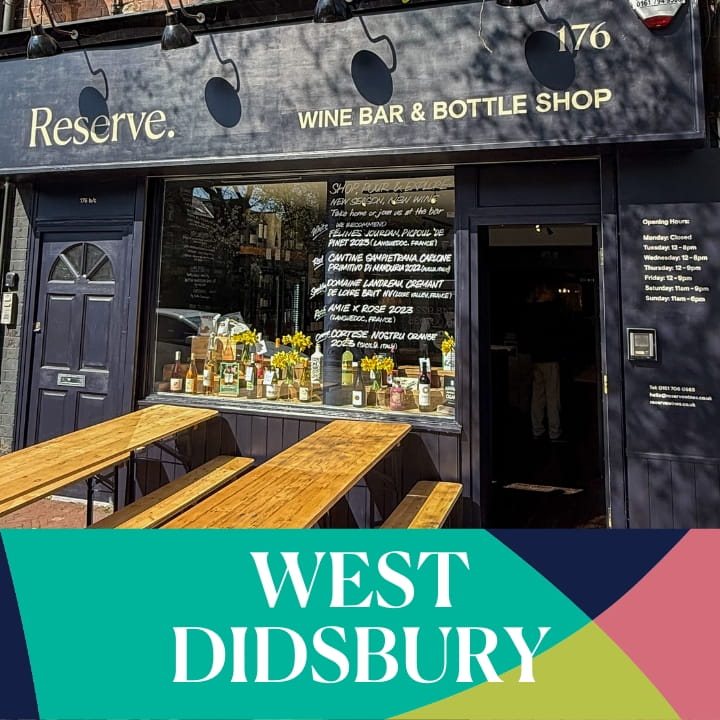 Wine bar and bottle shop named 'Reserve' with outdoor seating in West Didsbury.