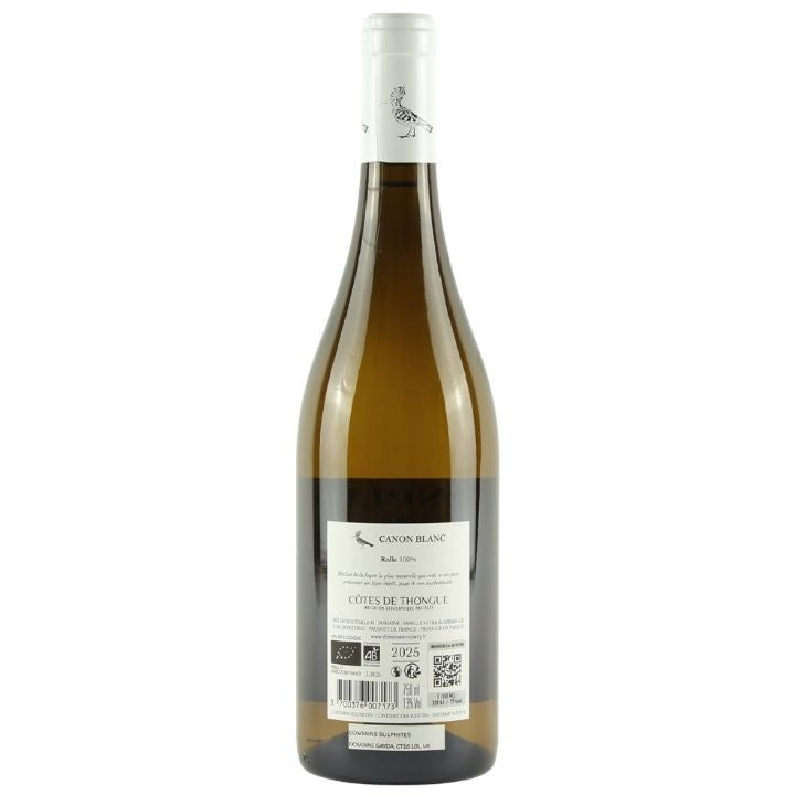 A bottle of Canon Blanc white wine with a white label and a dark olive-green glass body, shown against a plain white background.
