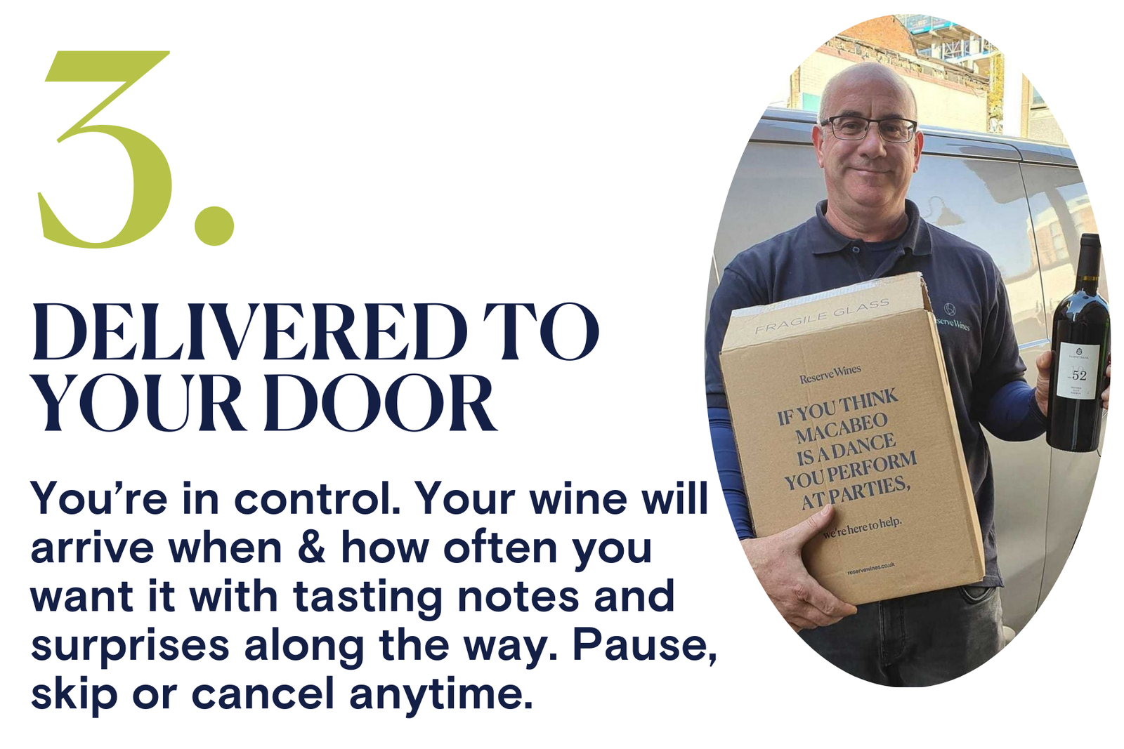 Man holding a box with text about wine delivery service