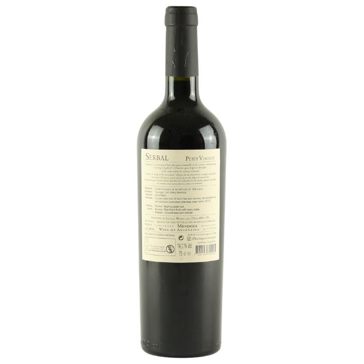 A bottle of Sierbal Petit Verdot wine shown from the back, featuring a cream-colored label with black text and a black capsule seal on a plain white background.