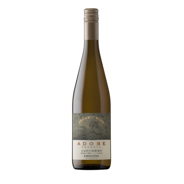 Bottle of Adobe, Gewurztraminer wine with an organic and vegan label, indicating it's made with sustainable practices.