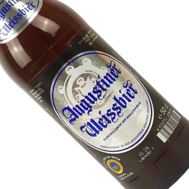 AugustinerWeiss beer bottle with label on a white background
