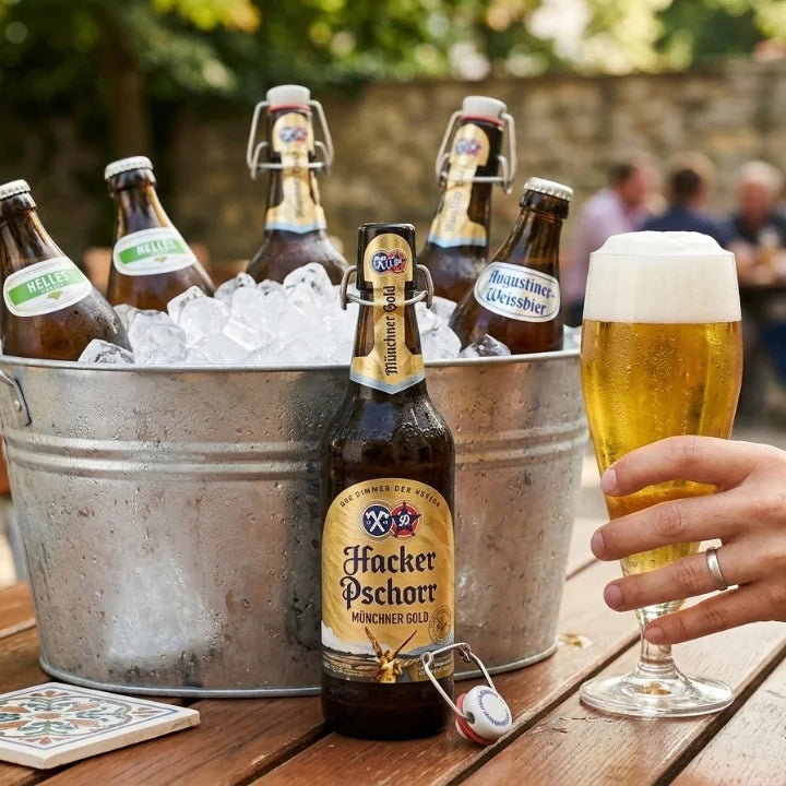 Bottles of Hacker Pschorr beer with a glass on a wooden table outdoors.