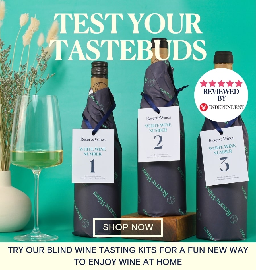 Three wine bottles with labels and a glass of wine on a teal background, promoting a blind wine tasting kit.