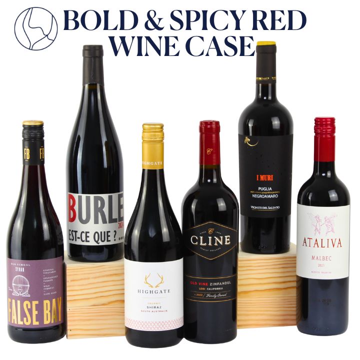 Collection of red wine bottles labeled 'Bold & Spicy Red Wine Case'.