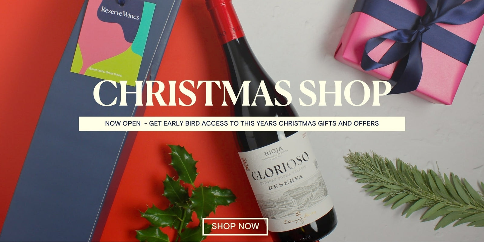 Bottle of Glorioso Crianza Rioja Red Wine with gift packaging and promotional text for a Christmas shop.