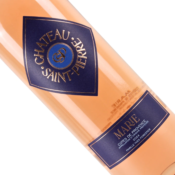 Bottle of Chateau Saint-Pierre provence Marie rose wine with a blue label on a white background