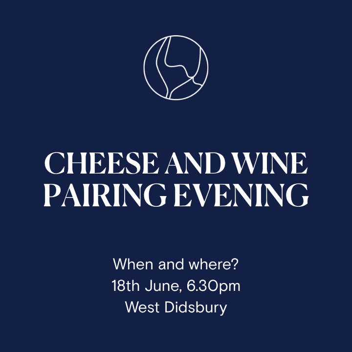 Invitation to a cheese and wine pairing evening with event details on a dark blue background.