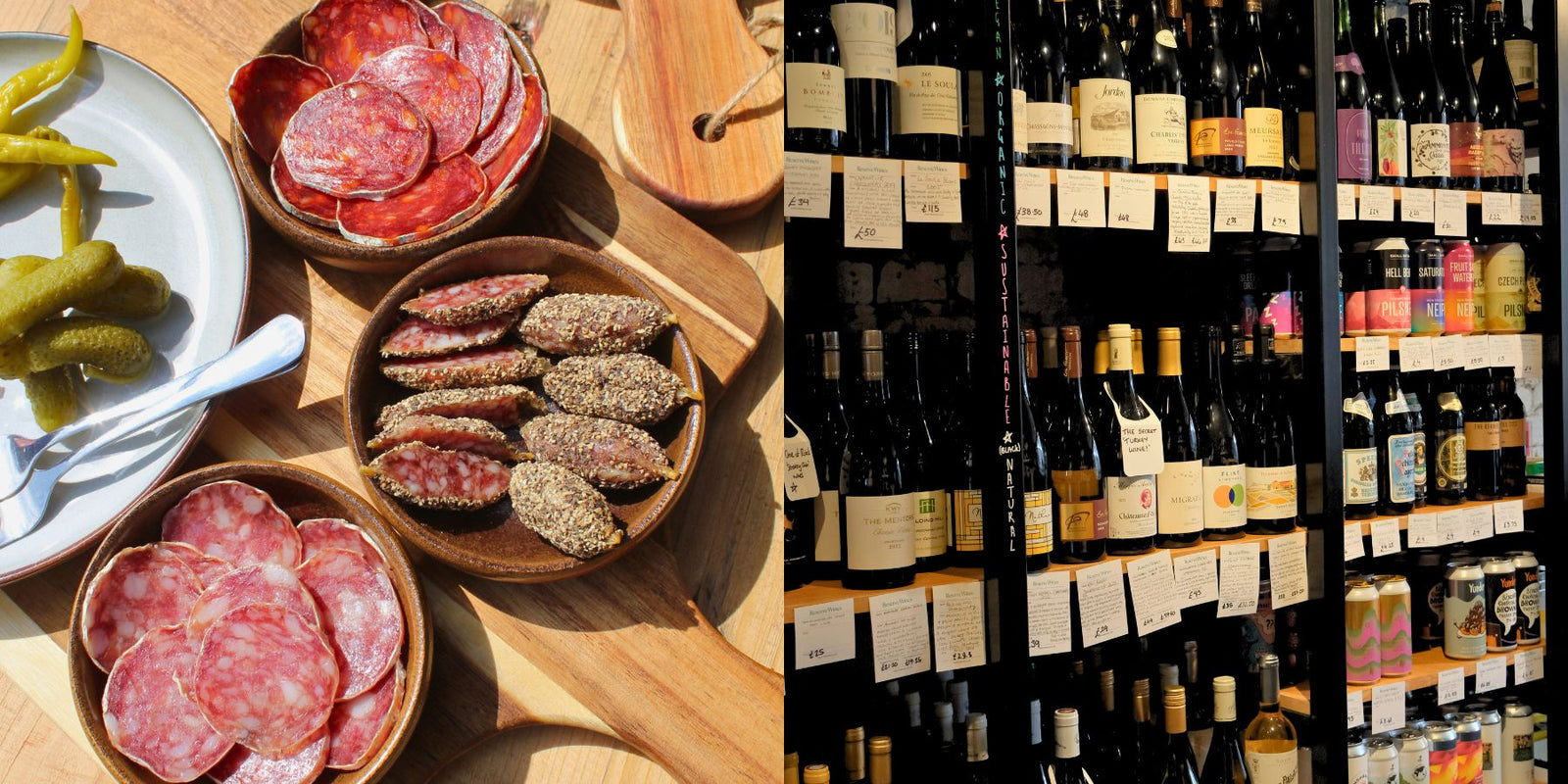A split-screen lifestyle scene showing cured meats in wooden bowls on the left, and a wine store shelf stocked with bottles on the right.