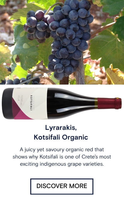 Bottle of Lyrarakis Kotsifali Organic wine with grapes in the background