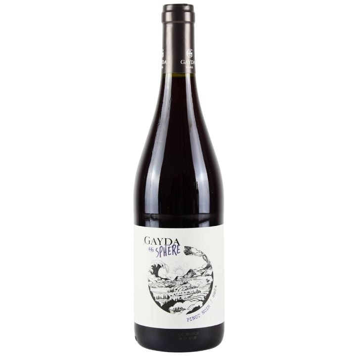 Bottle of Domaine Gayda Sphere Pinot Noir 2024 wine with a white label featuring a black illustration of a person and nature elements.