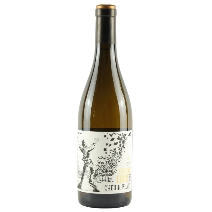 A bottle of Chenin Blanc wine from the brand Domaine Gayda Figure Libre, featuring an off-white label with black illustrations and gold text, set against a plain white background.