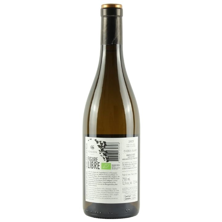 A bottle of Figure Libre organic r
Chenin Blanc white wine, showing the back label and dark glass bottle against a plain white background.