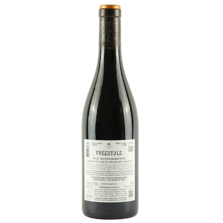 A bottle of Domaine Gayda, Figure Libre Freestyle Rouge 2024 red wine with a dark glass body, a white label, and a gold foil seal on the neck, shown against a plain white background.