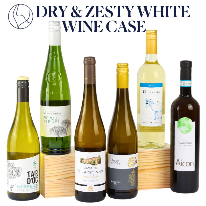 Dry and Zesty white wine collection of white wine bottles with visible labels on a white background