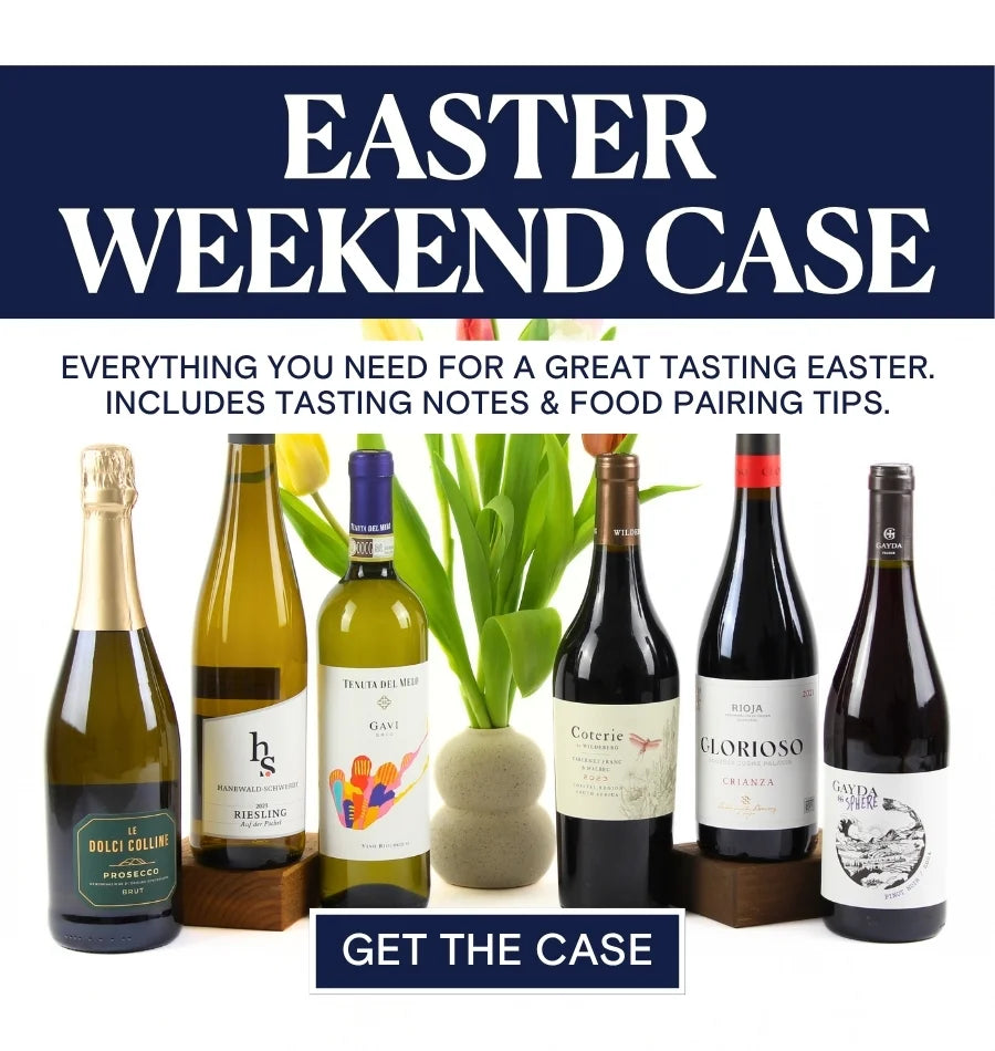 Promotional image for an Easter weekend wine case with various bottles and text.