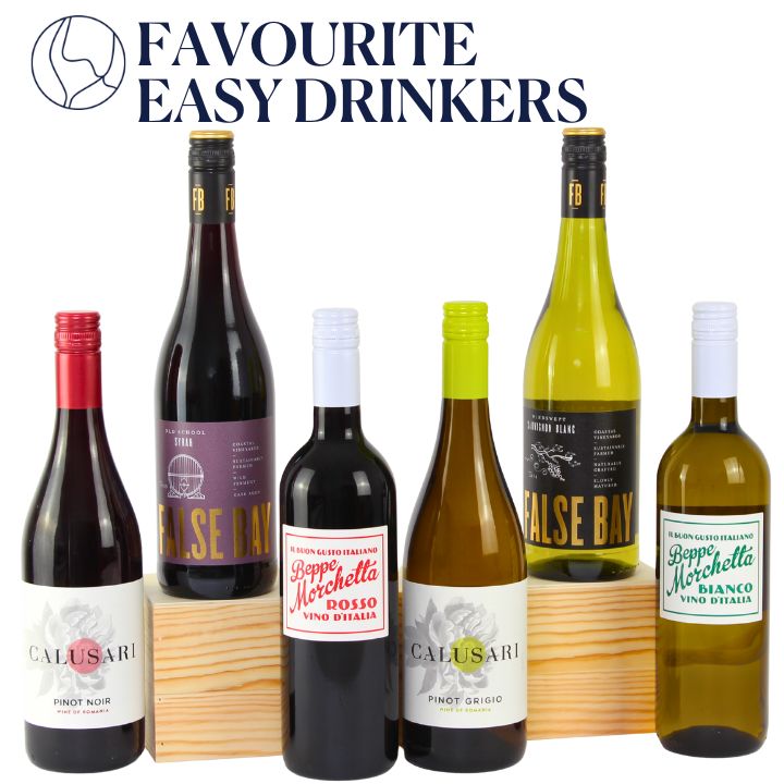Collection of wine bottles with labels in front of a white background, featuring the text 'Favourite Easy Drinkers'.