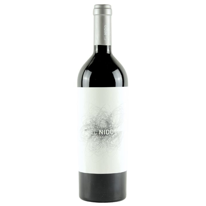A bottle of El Nido red wine with a white label and silver foil, shown against a plain white background.