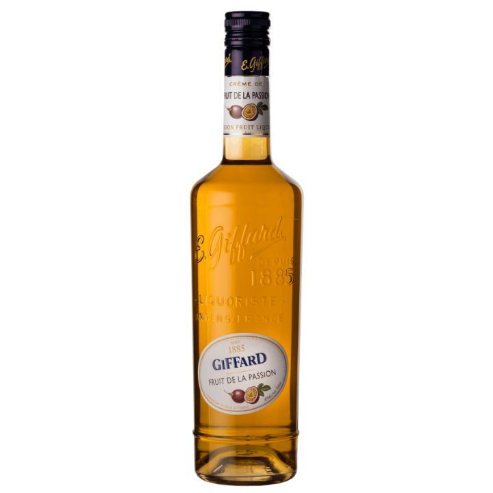 Bottle of Giffard Fruit de la Passion liqueur on a white background