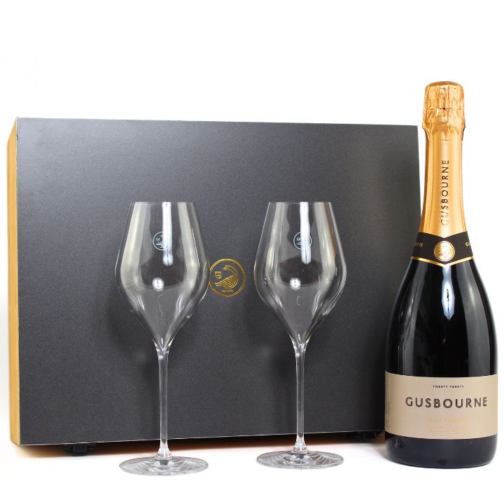 Gusbourne Wooden Gift Box &amp; Glasses - Brut Reserve