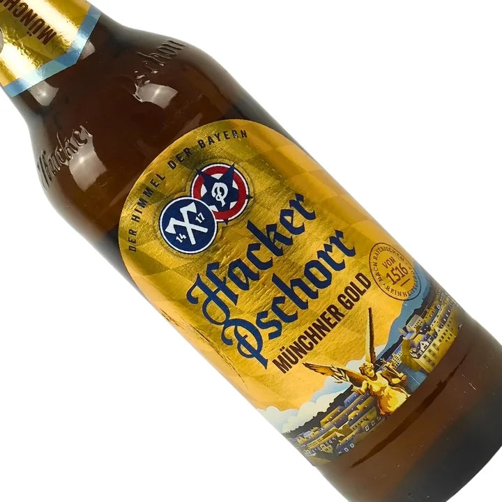 Bottle of Hacker Pschorr Münchner Gold beer with a gold label on a white background