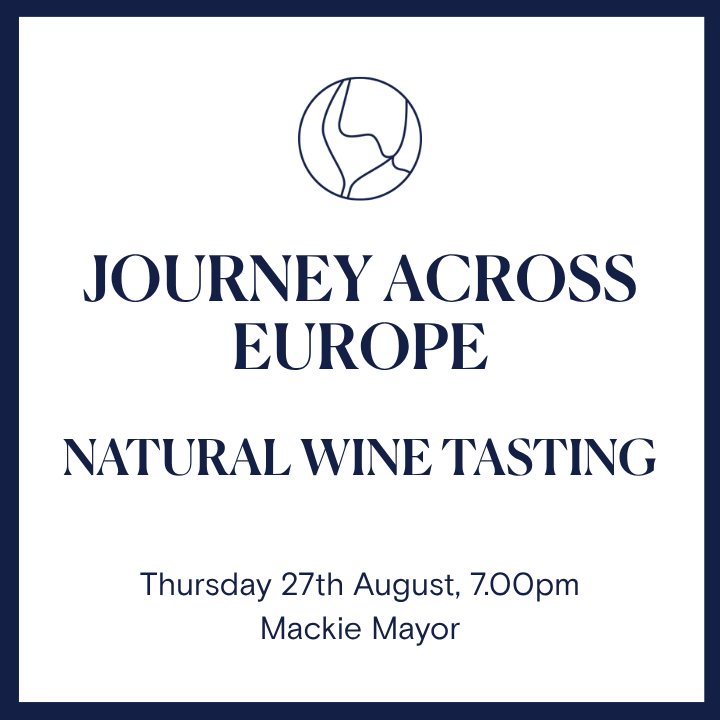 A promotional graphic for 'Journey Across Europe - Natural Wine Tasting' featuring a dark blue border, a minimalist line icon, and event details on a white background.
