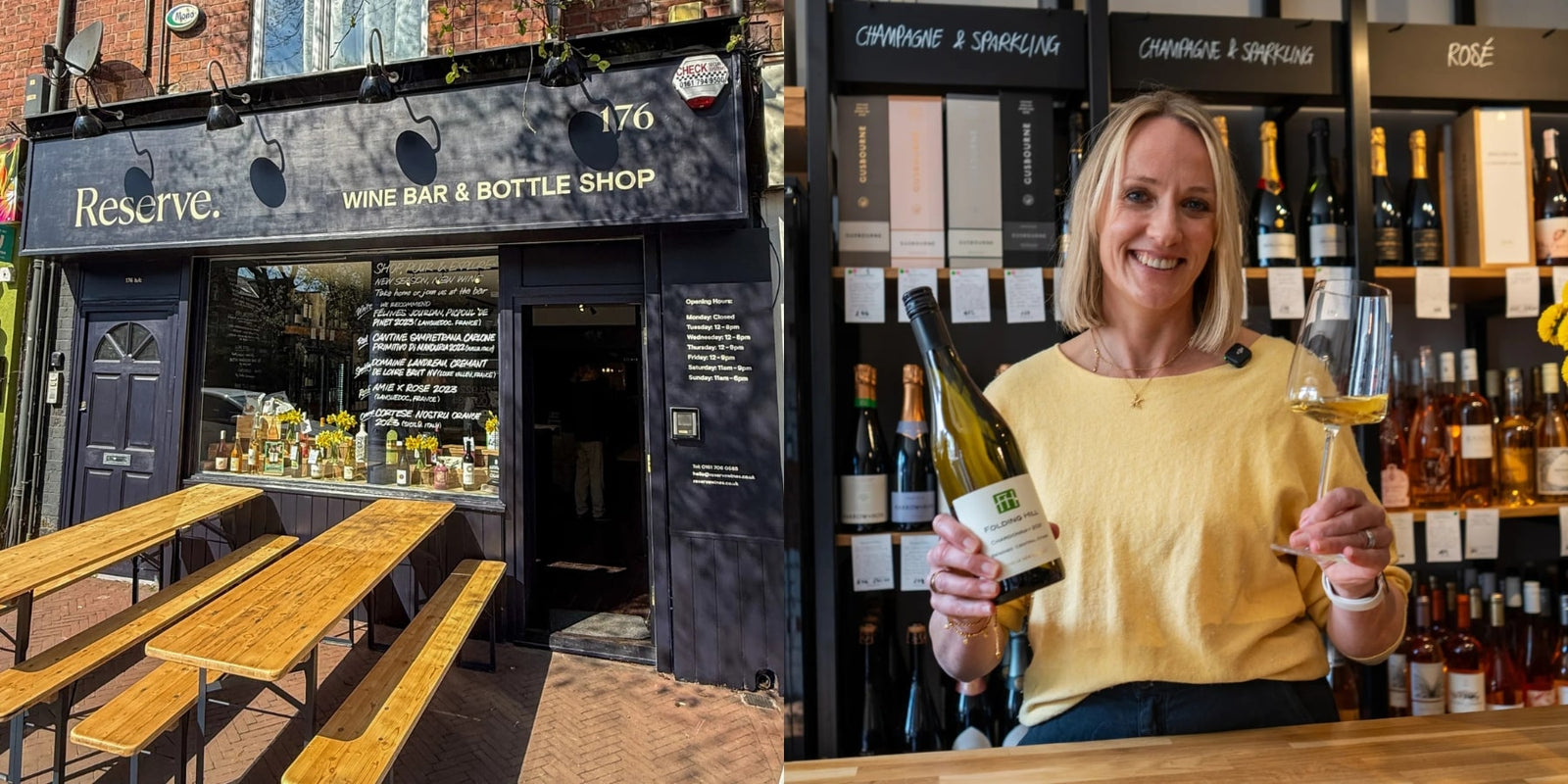 Reserve Wines Didsbury and Kate Goodman holding a glass of white wine inside the shop