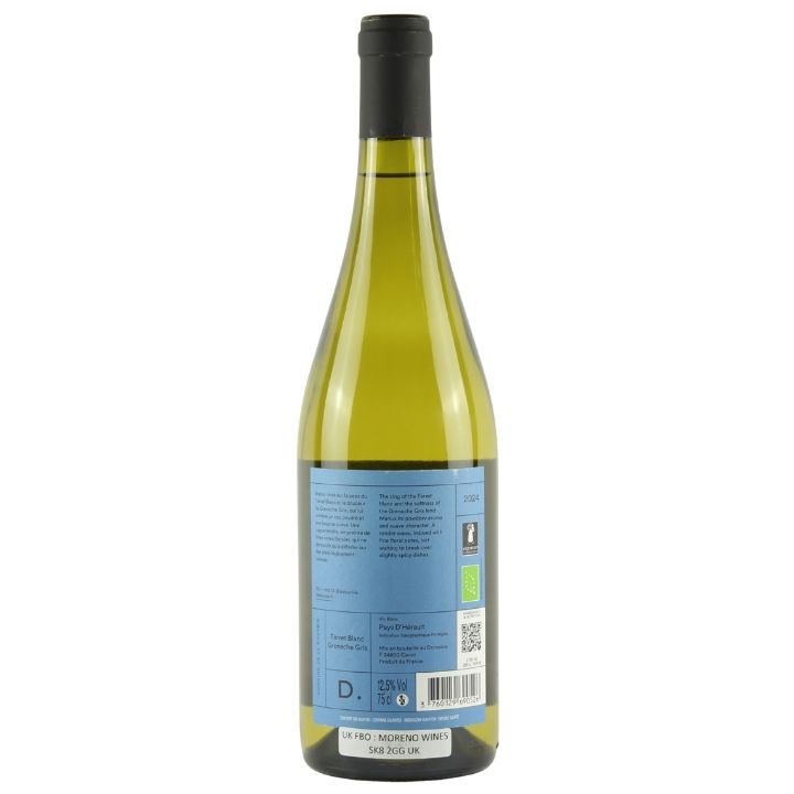 A bottle of La Dourbie, Marius Blanc 2024 white wine shown from the back, featuring a light blue label and a black screw cap, set against a plain white background.