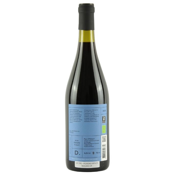A bottle of La Dourbie, Marius Rouge 2023 red wine shown from the back, featuring a light blue label with text and a black foil