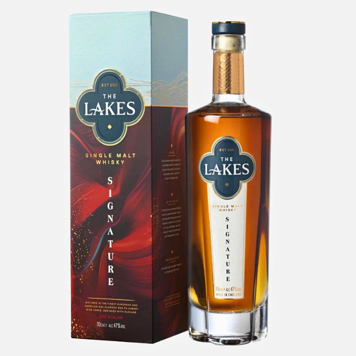 Bottle and box of The Lakes Single Malt Whisky on a white background