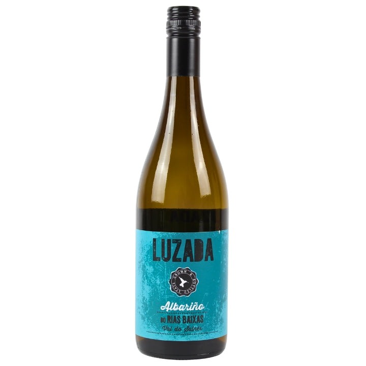 Wine bottle with a blue label on a white background