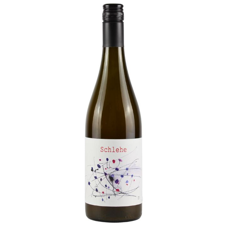 Bottle of MA Arndorfer, Schlehe Amber wine with a label featuring a abstract design in purple and white on a white background.