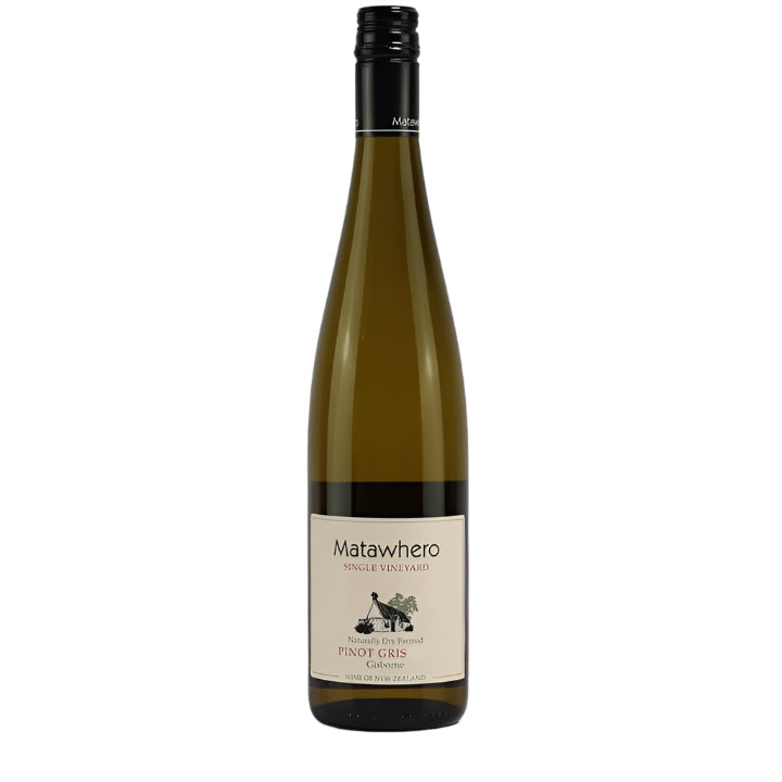 A bottle of Matawhero Single Vineyard Pinot Gris 2024 wine with a label showing the brand, vineyard name, and variety of the wine.