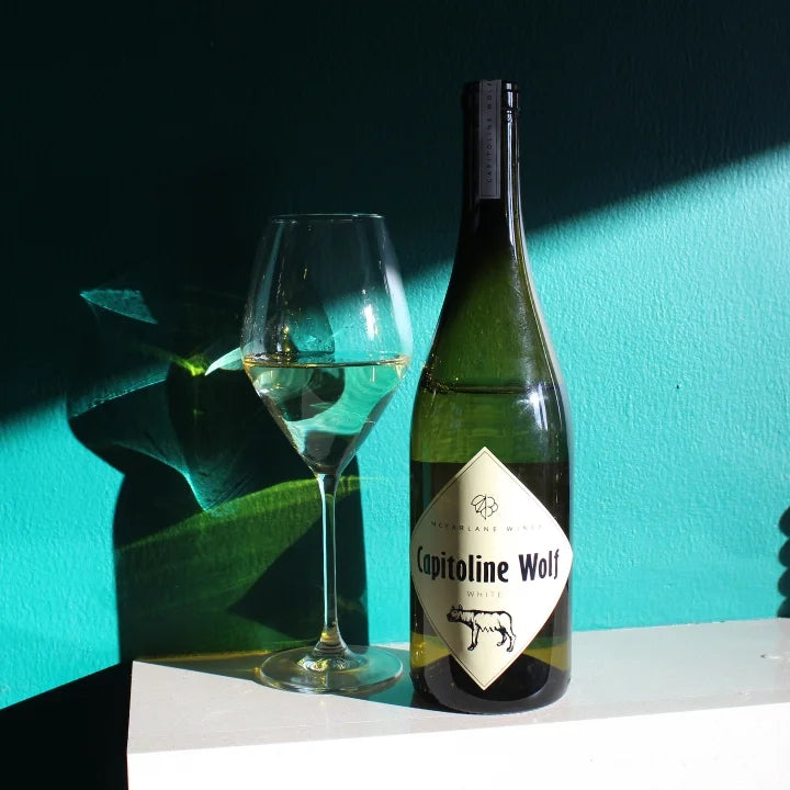 McFarlane, Capitoline Wolf White 2024 with a glass poured in sunlight against a teal painted wall