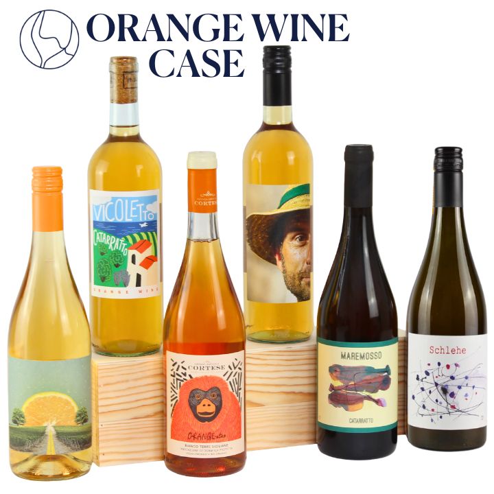 Collection of orange wine bottles with a wooden case labeled 'Orange Wine Case' on a white background.