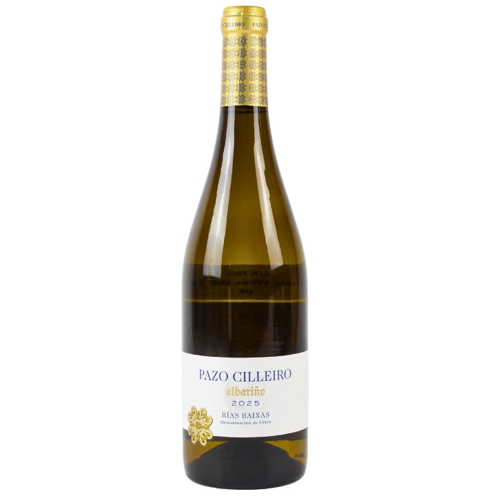 Wine bottle with gold foil cap and white label on a white background